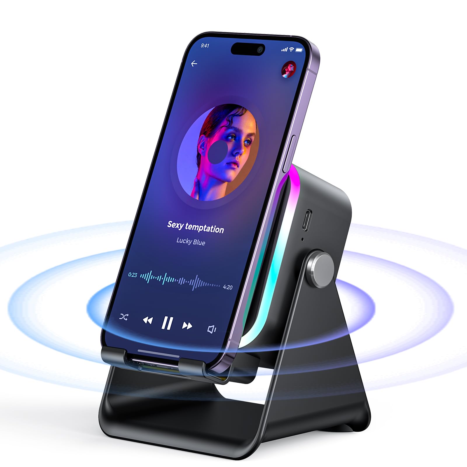 Photo 1 of Induction Speaker with Phone Stand 5 in 1 Wireless Induction Bluetooth Audio for iPhone Android Phone Speakers Amplifier with Rechargeable Colorful Light, Birthday Gifts for Men Women Teens (Black)
