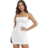 Zeflows Womens Sleeveless Spaghetti Strap Bodycon Cami Dresses Side Ruched Short Backless Sexy Solid Mini Dresses