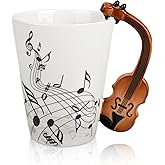 Maustic Novelty Violin Mug - 13 Oz Ceramic with Vinyl Record Coaster, Perfect for Music Lovers, Musicians, and Violinists - Ideal for Christmas or Birthday Gifts