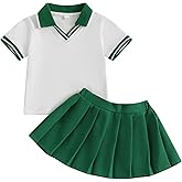 ZAXARRA Toddler Girl Sports Outfit Short Sleeve Lapel Tops Tennis Bow Pattern Mini A Line Skirt Casual Cute 2 Pcs Set