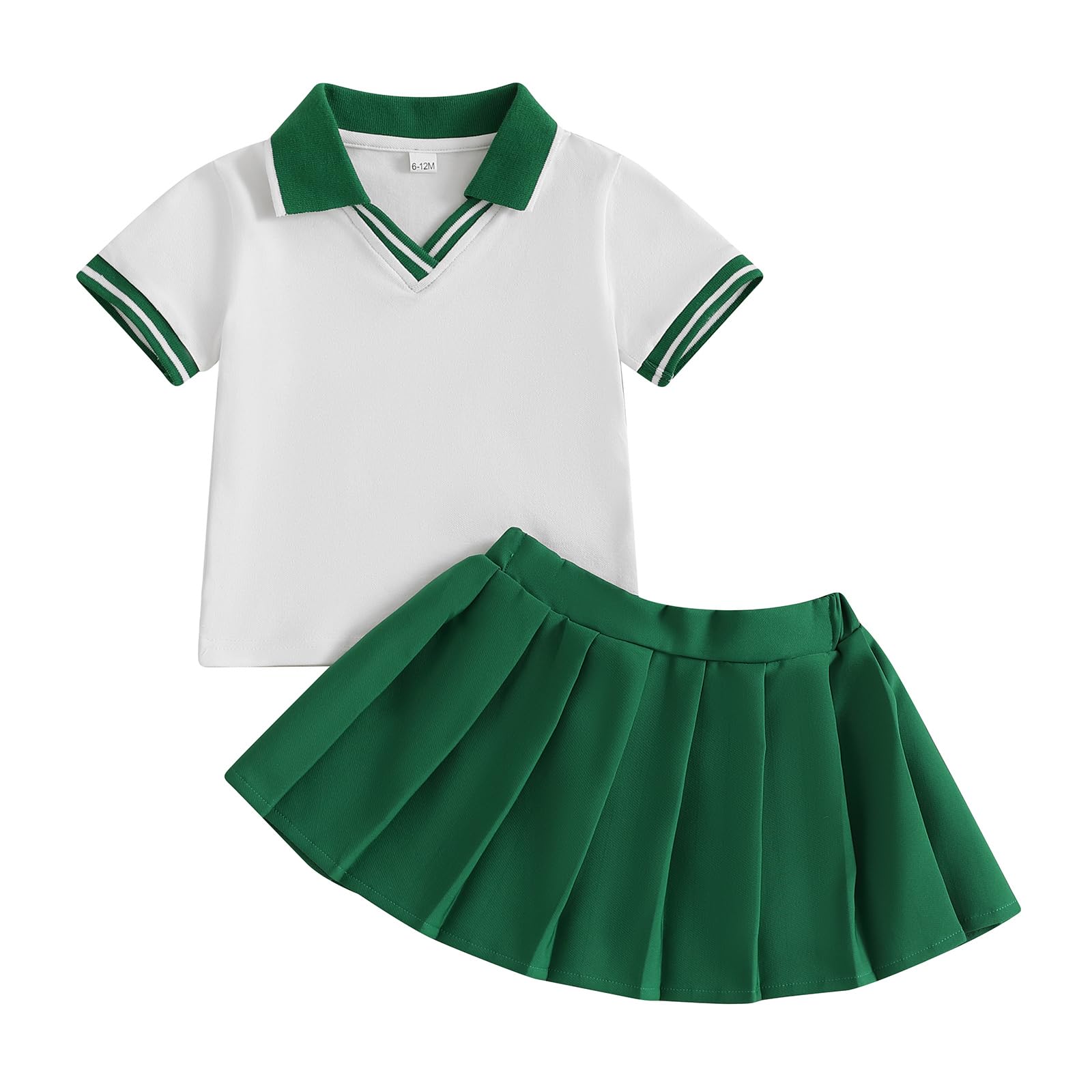 Photo 1 of ZAXARRA Toddler Girl Sports Outfit Short Sleeve Lapel Tops Tennis Bow Pattern Mini A Line Skirt Casual Cute 2 Pcs Set (Green, 18-24 Months)