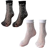 Ximimark 2Pair Rhinestone Black Fishnet Stockings, Sheer Fishnet Mid Tube Socks, Women's Underwear & Hosiery for Music Festival