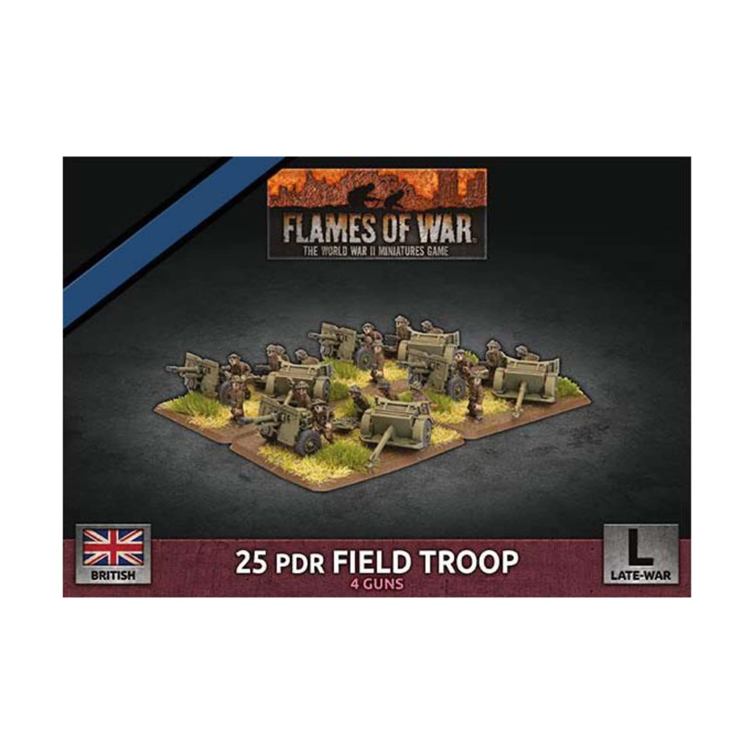 Flames of War 25-pdr Field Troop (Plastic) - Late-War British Army - 4 Gun Teams & 2 Unit Cards - Ages 14+