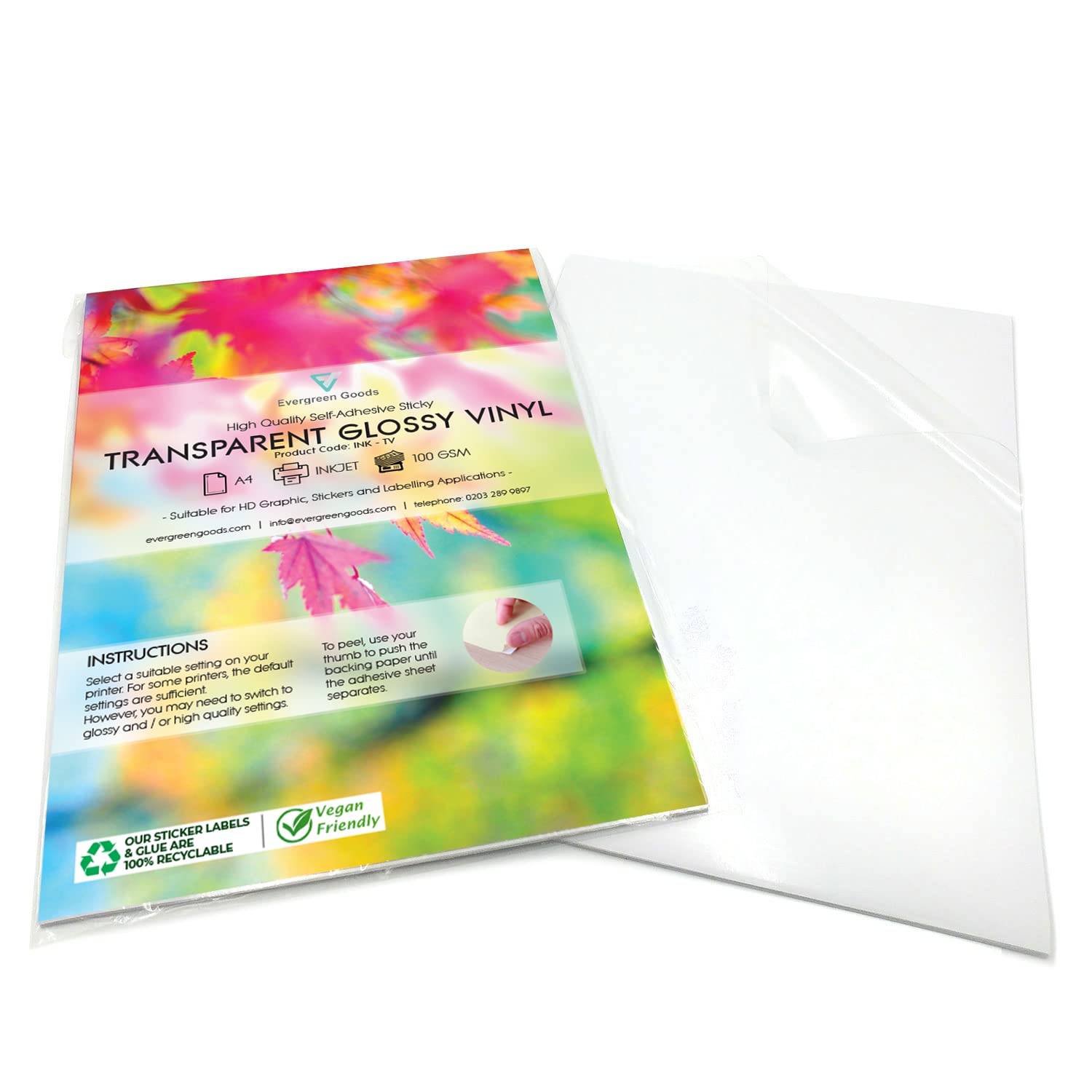 Evergreen Goods™ 10 Sheets A4 Clear Transparent Sticker Vinyl | Glossy Inkjet Printable | Non Waterproof Self Adhesive Gloss Finish - Make Your own Stickers, Products Labels