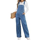 Vetinee Jean Overalls for Women Loose Fit Stretchy Denim Jumpsuit Baggy Bib Casual Straight Leg Pocket Dungaree Overall