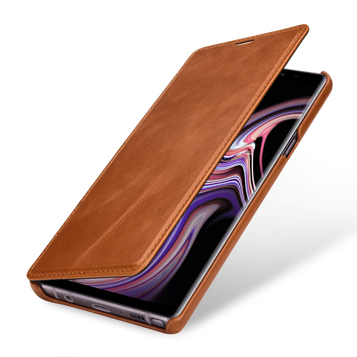 STILGUT Case Compatible with Samsung Galaxy Note 9 Case with Side Flap Genuine Leather Cognac