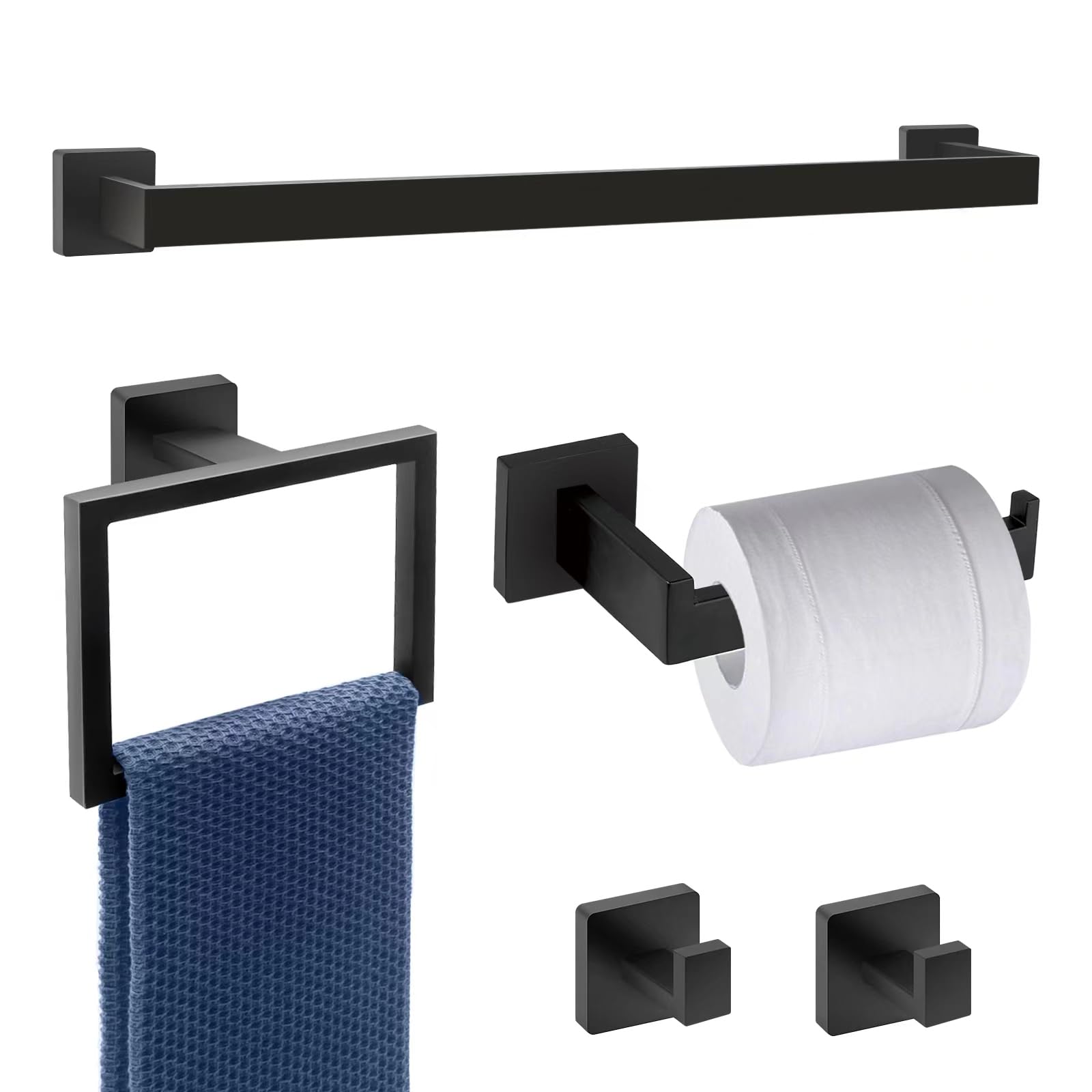 Photo 1 of Dorudon Atrox 5-Piece Bathroom Hardware Set - Black Towel Bar Set with 2 Towel Hooks, Stainless Steel Wall Mounted Bathroom Towel Rack - Square, 16-Inch