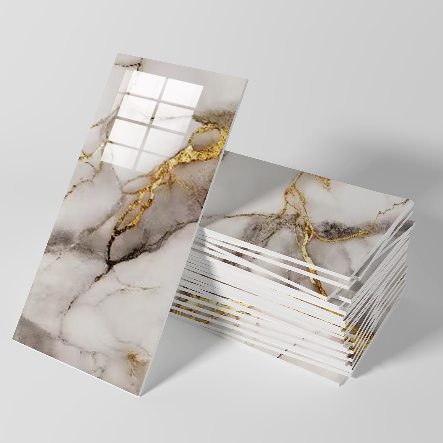 View 1 of 10pcs Peel and Stick Wall Panels (23.6"x11.8",) Marble PVC Waterproof Backsplash Tiles for Kitchen, Bathroom, Peel and Stick Tile?White Gray (White+Gold, 23.6 inches * 11.8 inches)