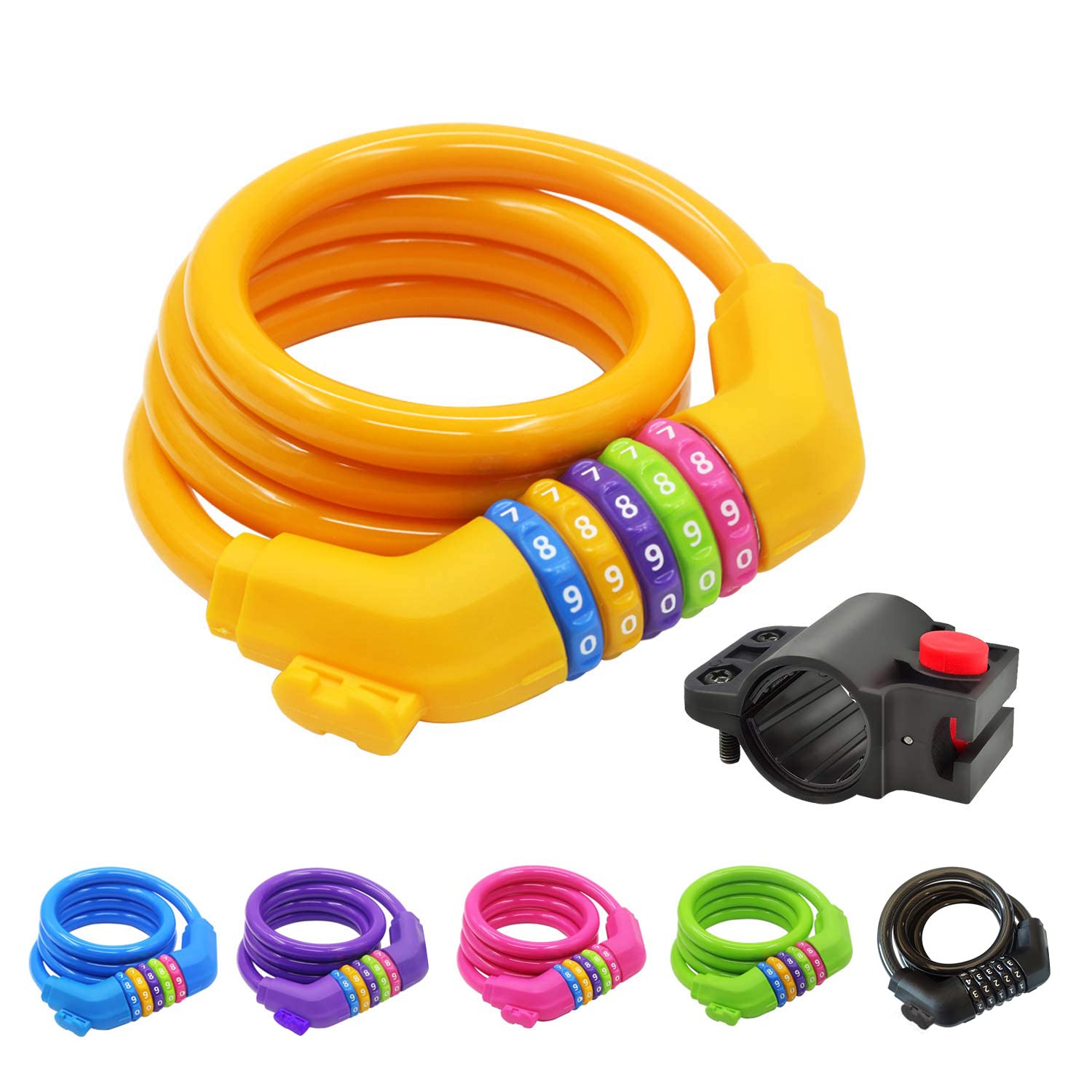 GOLDPOOL Bicycle Lock for Kids, Teenager, Adult, Number Code Combination Cable Lock with Bracket 1200 mm x 12 mm Diameter Steel Cable Coated (Orange)