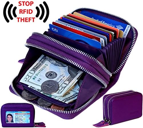 Women’s Genuine Leather RFID Secure Spacious Cute Double-Zipper Card Wallet Small Purse with ID Window (PURPLE)