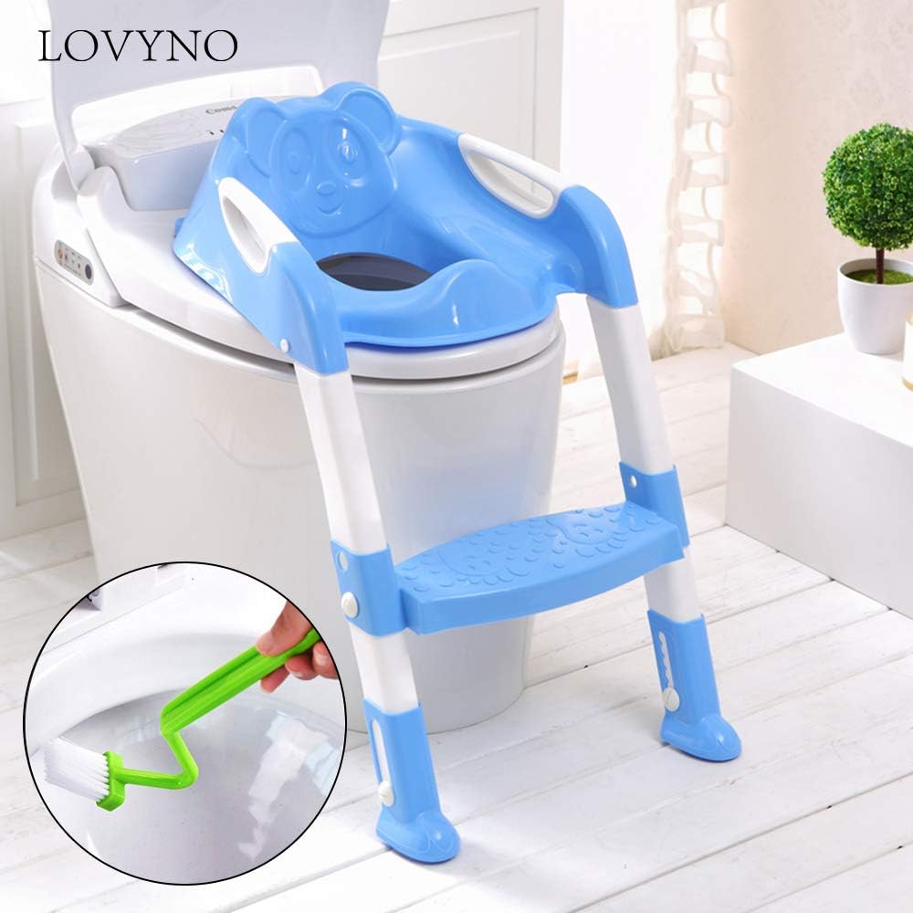 Lovyno Baby Toddler Potty Training Seat Toilet Step Ladder Seat with Green Clean Brush (Blue)