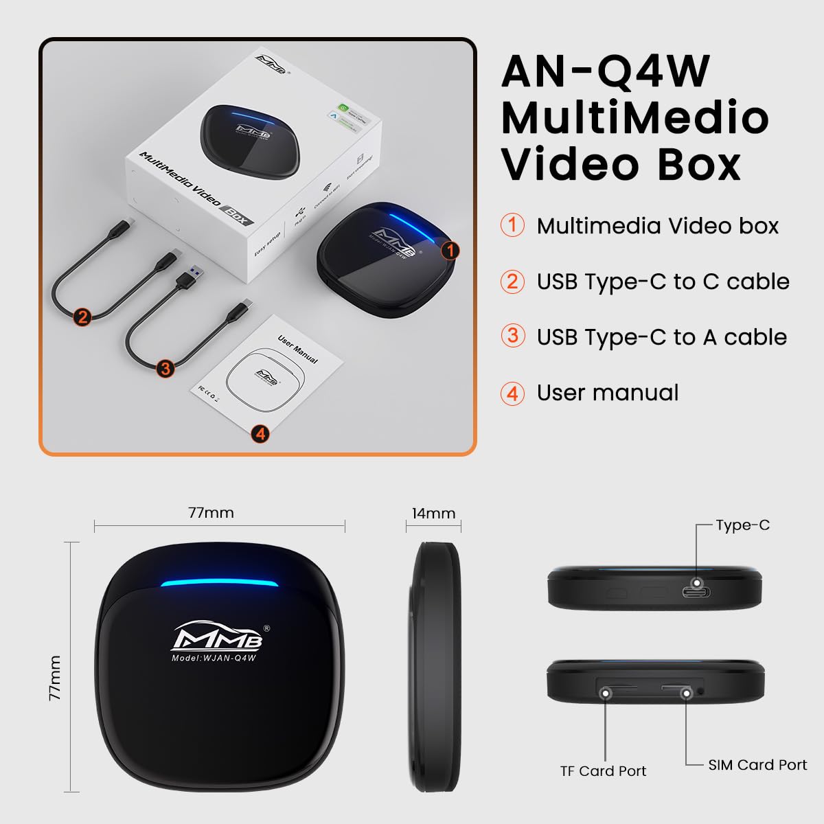 MMB MAX 5.0 CarPlay Box 2024 Android 13.0 Multimedia Video Ai Box, QCM 6225 8-Core 8+128GB Online YouTube/Netflix/Google Store, Support SIM&TF Card Wireless CarPlay & Android Auto Adapter