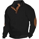 Mens Casual Knitted Pullover Sweatshirts Long Sleeve Stand Collar Vintage Button Sweaters with Elbow Patches