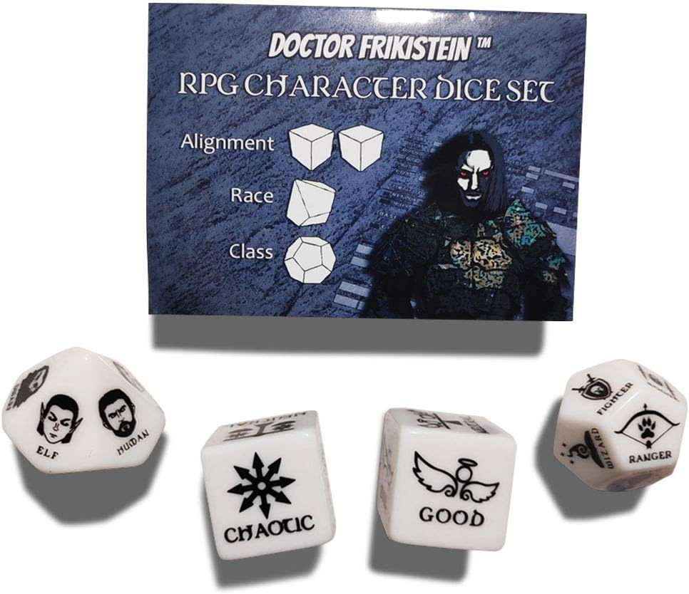 Doctor Frikistein RPG Character Dice Set | 4 Dados de 25mm para creación de Personajes | Compatible con D&D, Pathfinder y Juegos de rol de fantasía.