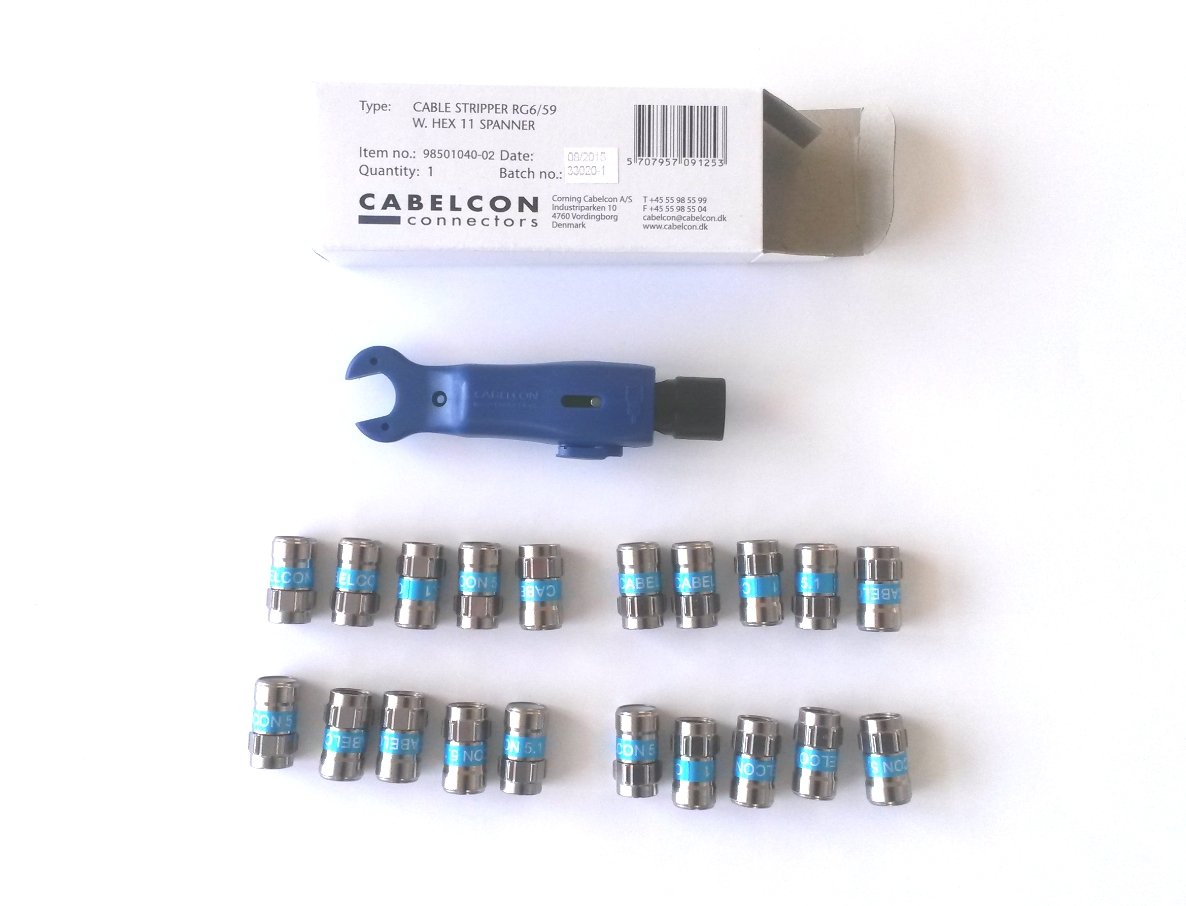 Cabelcon Set consisting of cable stripper RG6/59 with spanner + 20 pieces F-56 5.1 self-install connectors