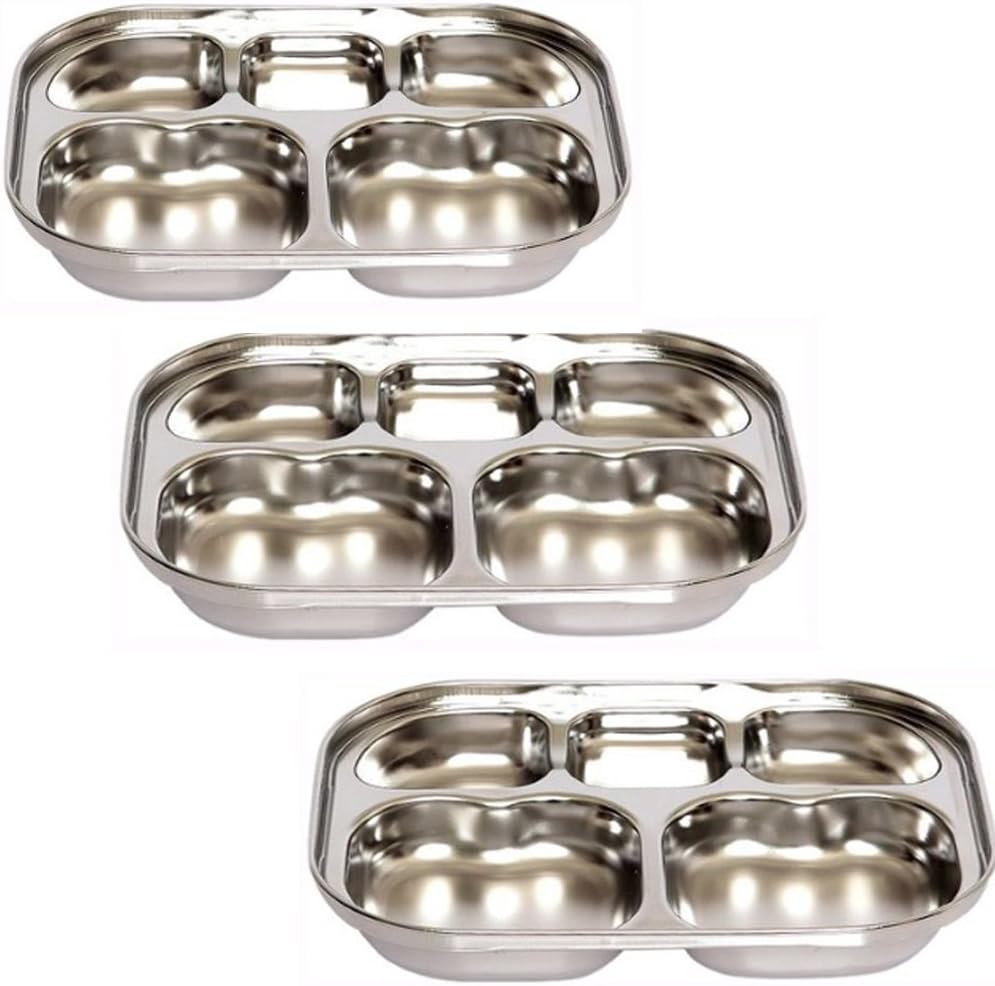 Stainless Steel Divided Tray Divided Dinner Snack Plate Kids Baby Plate Diet Plate Diet Food Control Tray 5sections Set (233x174x33mm 3pack)