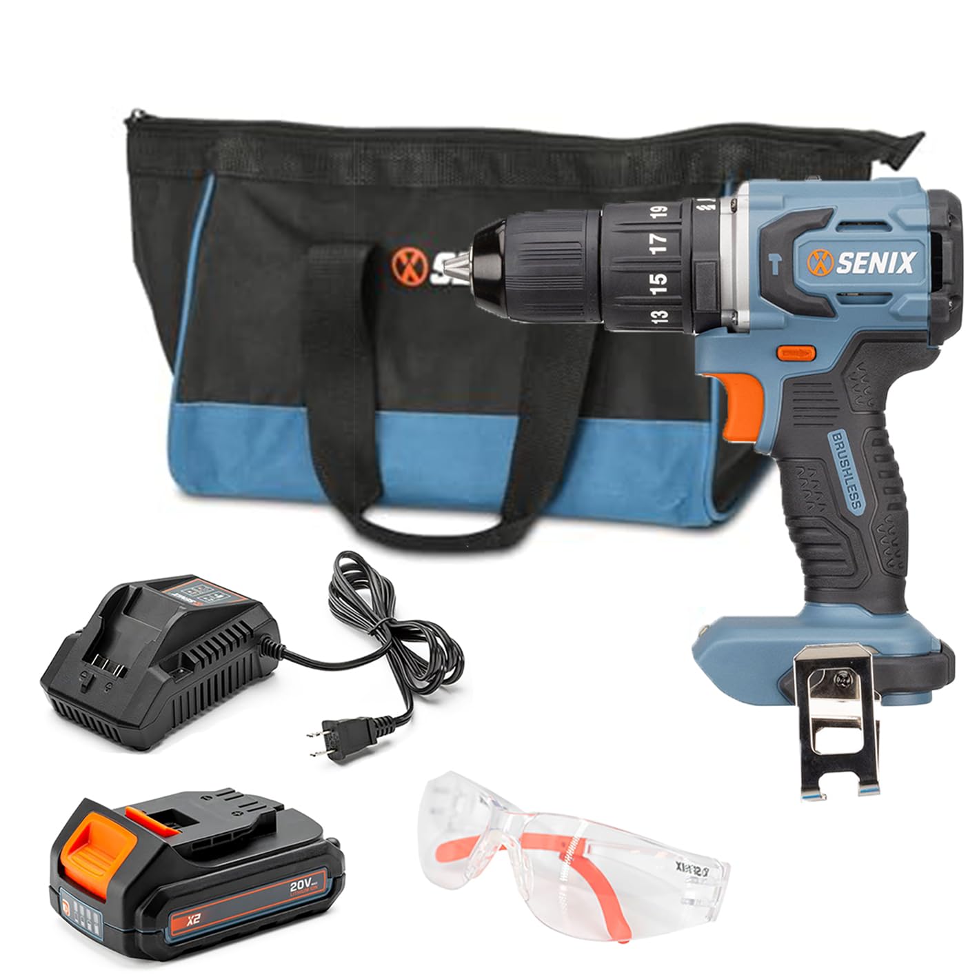 Photo 1 of SENIX X2 20 Volt Max* Cordless 1/2-Inch Hammer Drill Driver with Brushless Motor, Power Tool Kit Includes Storage Bag, 2.0 Ah Battery,Charger,Safety Glasses (PDHX2-M2)