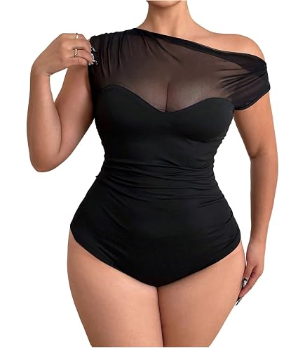 Amazon.com: OYOANGLE Women's Mesh Sheer One Shoulder Bodysuit
