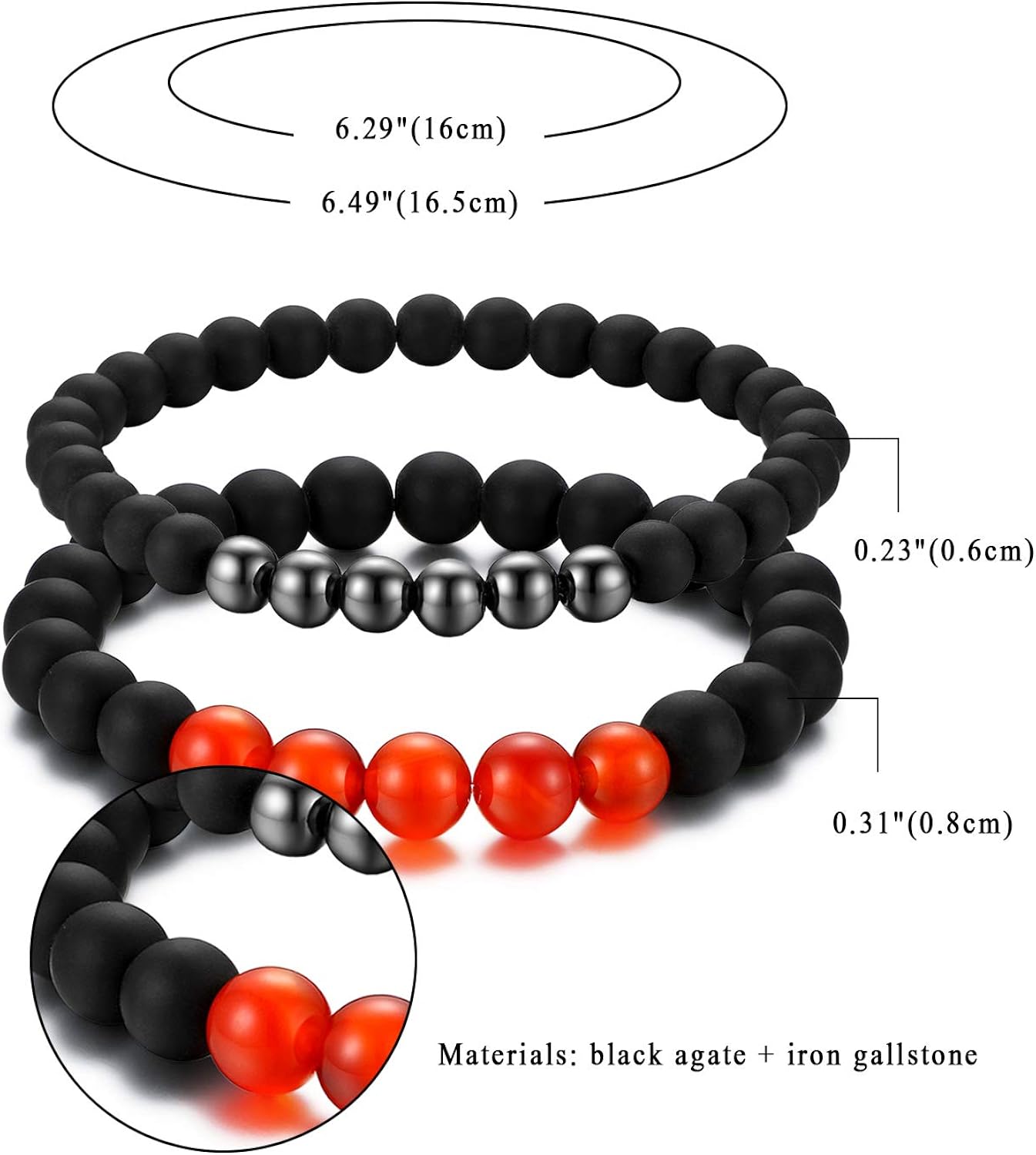 Cupimatch 2 Pcs Black Matte Agate Beads Prayer Charm Bracelet for Men Women,Black Red - Image 3