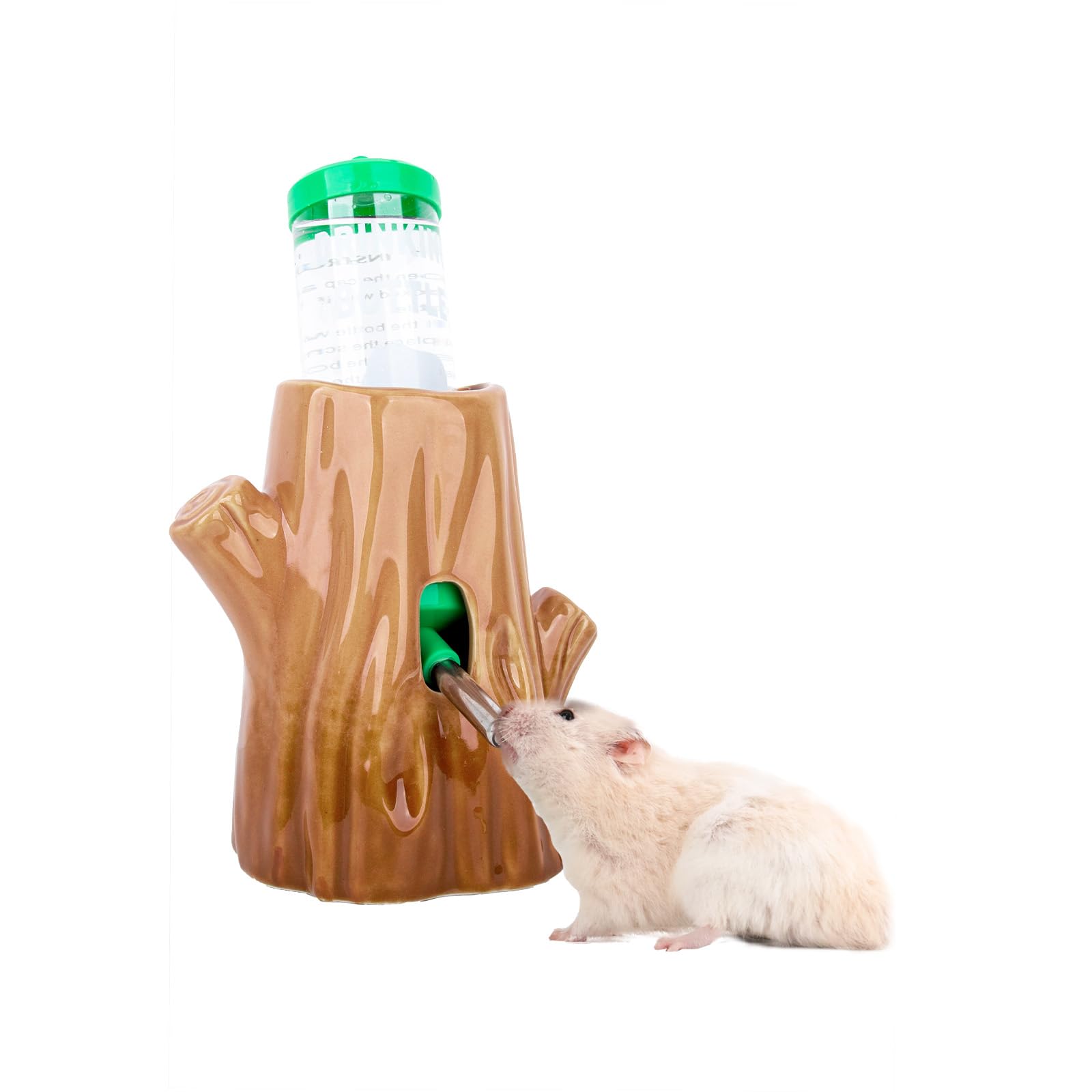 Photo 1 of Stump-Shaped Ceramic Hamster Water Bottle - Leak Proof Small Animal Waterer with Bracket, 4.27oz(125ML) for Syrian Dwarf Hamster, Mice, Chinchillas (Brown + Green, Middle Size)
