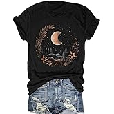 AIMSEN Women Graphic Tees Shirt Mystical Moon and Sunflower Shirt Short Sleeve Casual Celestial T Shirts