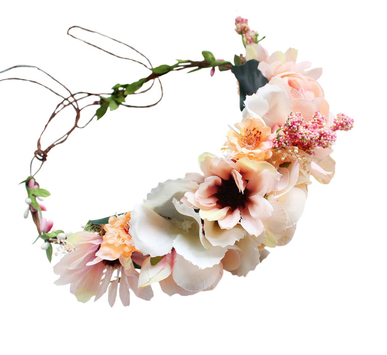 Flower Halo Floral Crown Wreath Flower Garland Headband Hair Wreath Hair Garland Floral Headpiece Boho with Ribbon Wedding Party Festival Pink, One Size