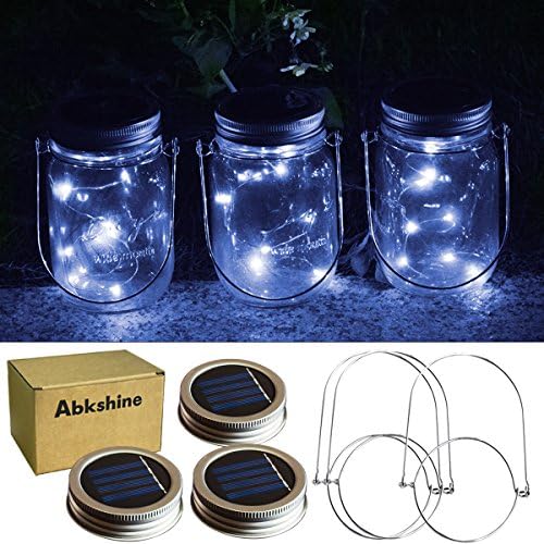 Abkshine 3Pack Solar Mason Jar Light Lid Assemblies LED Fairy Lights for Garden Yard Patio Grave Decoration(White Light,3 pcs Hangers Included)