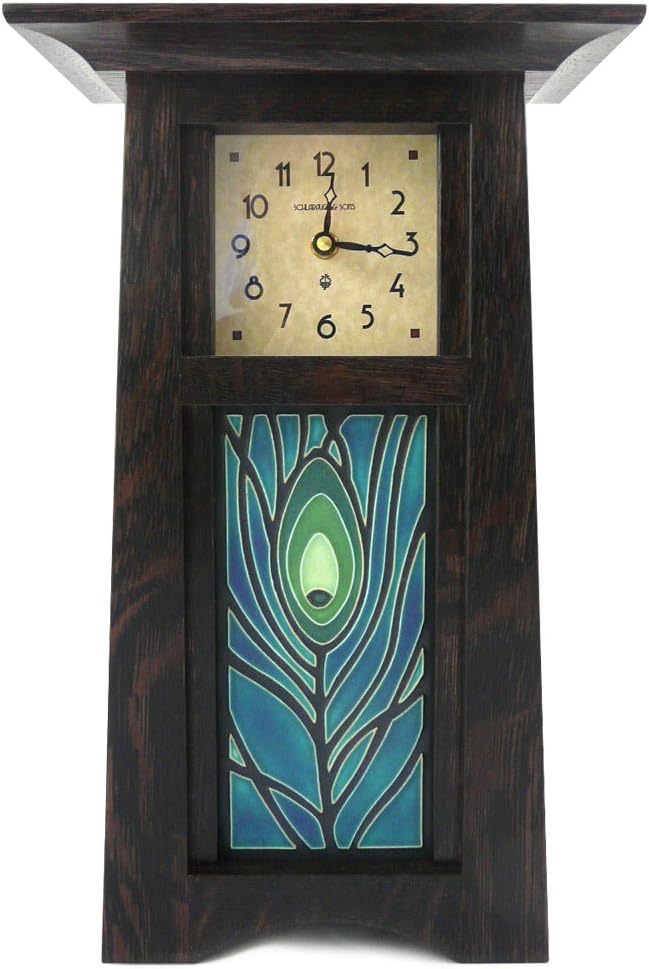 Oak Wood With Slate Finish American Made Craftsman Style Mantel Shelf Clock With Peacock Feather Art Tile 15 Tall Mantel Clocks Home Kitchen Ilsr Org