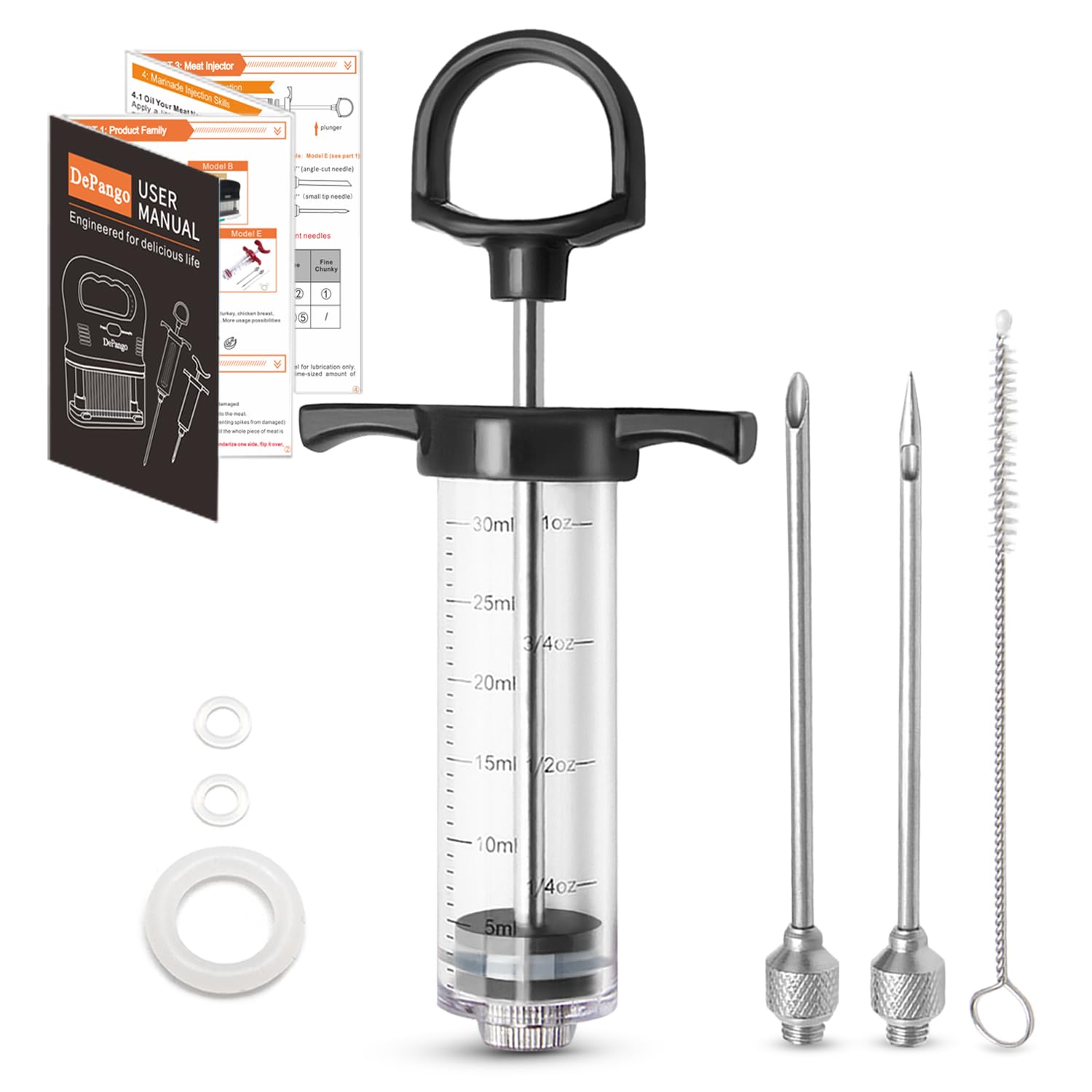 DePango Meat Injector, Anti-Break 1-oz Turkey Injector Syringe Meats 2 Stainless Steel Meat Needles, Crack-Proof Plastic Marinade Flavor Injector BBQ Smoker, Steak, Pork and Chicken, Black