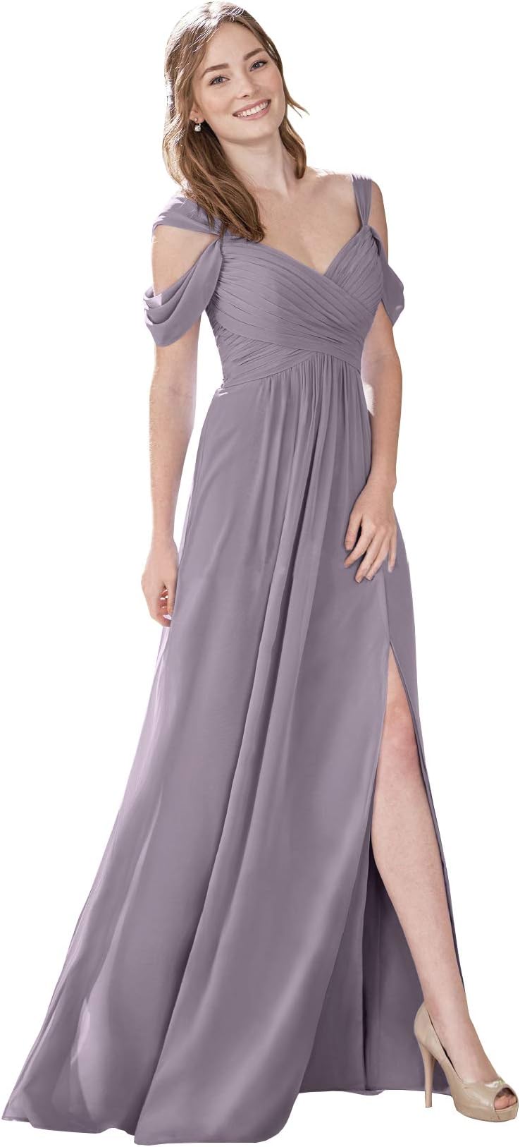 Vici Gowner Women's Off The Shoulder Pleated Chiffon V Neck Bridesmaid Dress Long Side Slit Prom Party Gown
