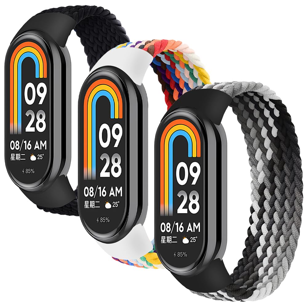 3 Pack Braided Solo Loop Compatible for Xiaomi Smart Band 9/ Mi Band 8 Strap,Adjustable Elastic Nylon Sport Band Replacement Stretchable Wristband for Xiaomi Mi Band 9/Miband 8 Women Men,S