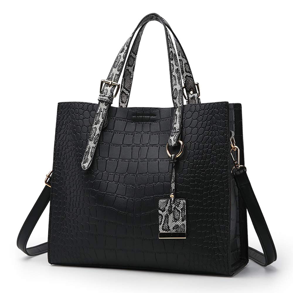 AlwaySky Women Fashion Crocodile Pattern Handbag Snakeskin Top Handle Tote Purse Shoulder Crossbody Bag, Black
