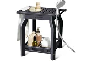 KingPavonini 2-Tier Bamboo Shower Bench for Inside Shower Shaving Legs, 16 Inch Waterproof Bathroom Bench Shower Stool with S