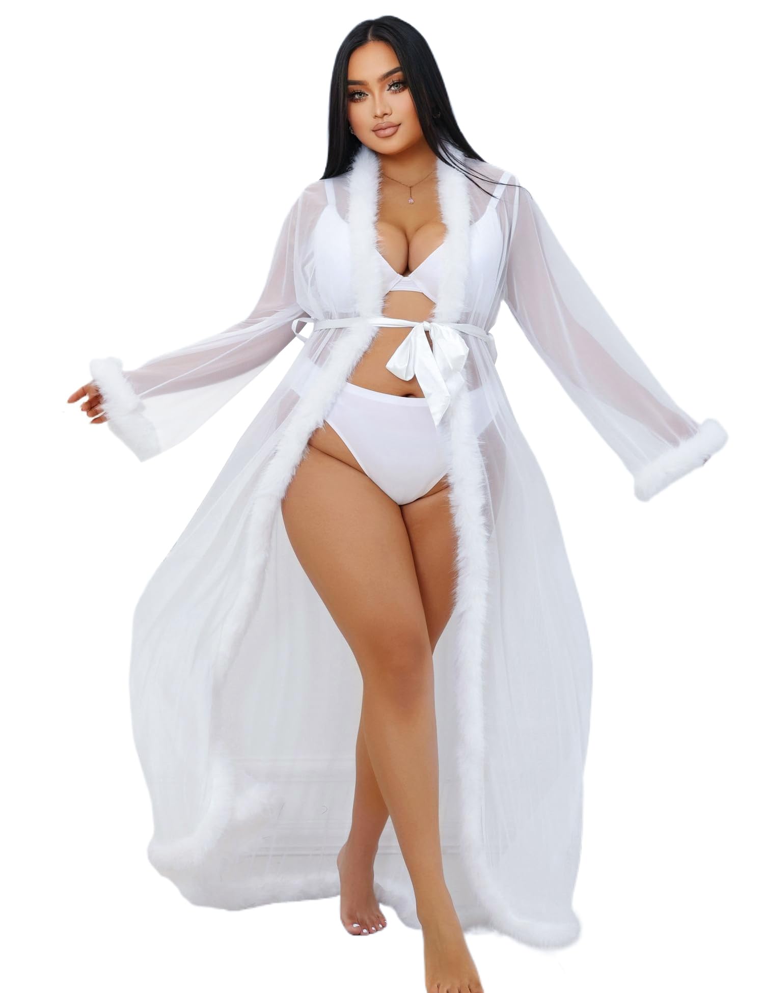Photo 1 of ohyeah Women Feather Bridal Robe for Wedding White Plus Size Lingerie Robe with Fur Trim Lace Tulle Sheer Maternity Dress Summer Sexy Robes Nightgowns
