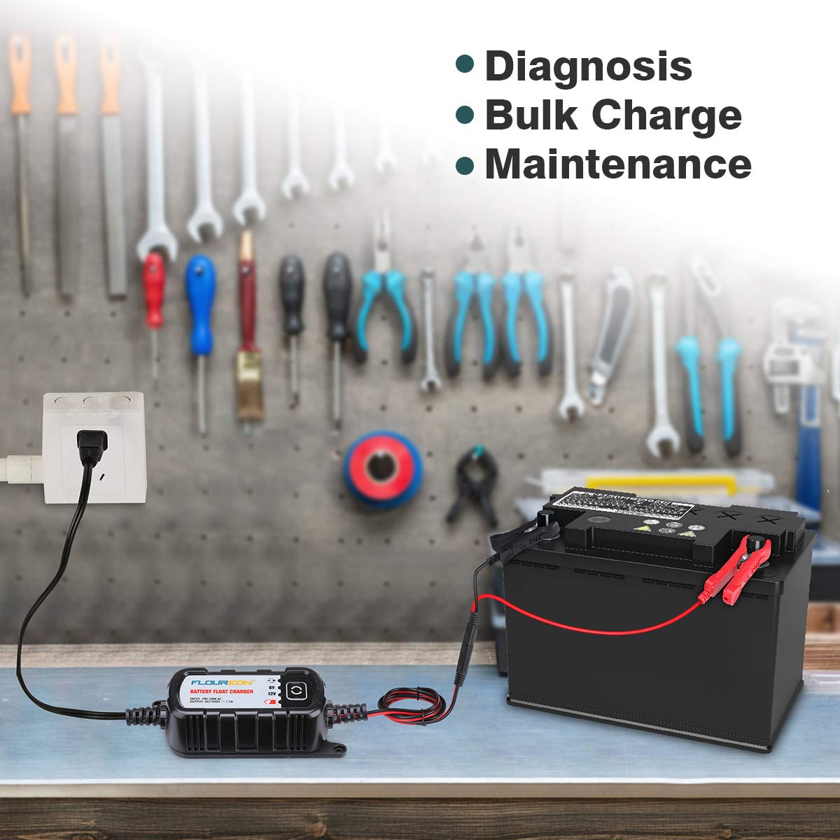 FLOUREON 6V/12V 1.5Amp Car Battery Charger Maintainer with LED Indicators Auto Trickle Charging for Automotive Vehicles Lawn Mower Boats RV AGM