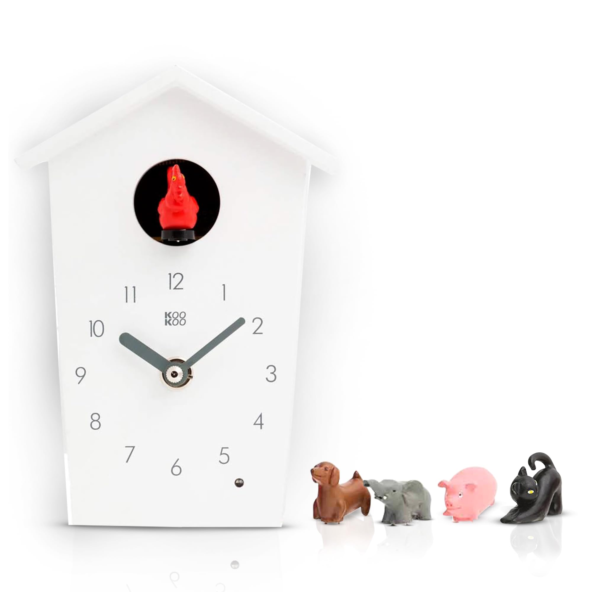 KOOKOO AnimalHouse white, striking small cuckoo clock with 5 farm animals sounds, natural field recordings, modern sleek designed clock