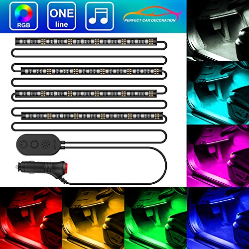 MINGER One-Line Car Interior Lights, 4pcs 48 LED RGB Multicolor Music Car LED Strip Light, Waterproof Underdash Lighting Kits with Sound Active Function and Simple Control, 12V Car Charger Included