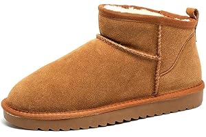 Snow Boots for Women, Mini Ankle Booties Memory Foam Winter Shoes Low Heel Suede Leather Fur lined Warm Flat Boots