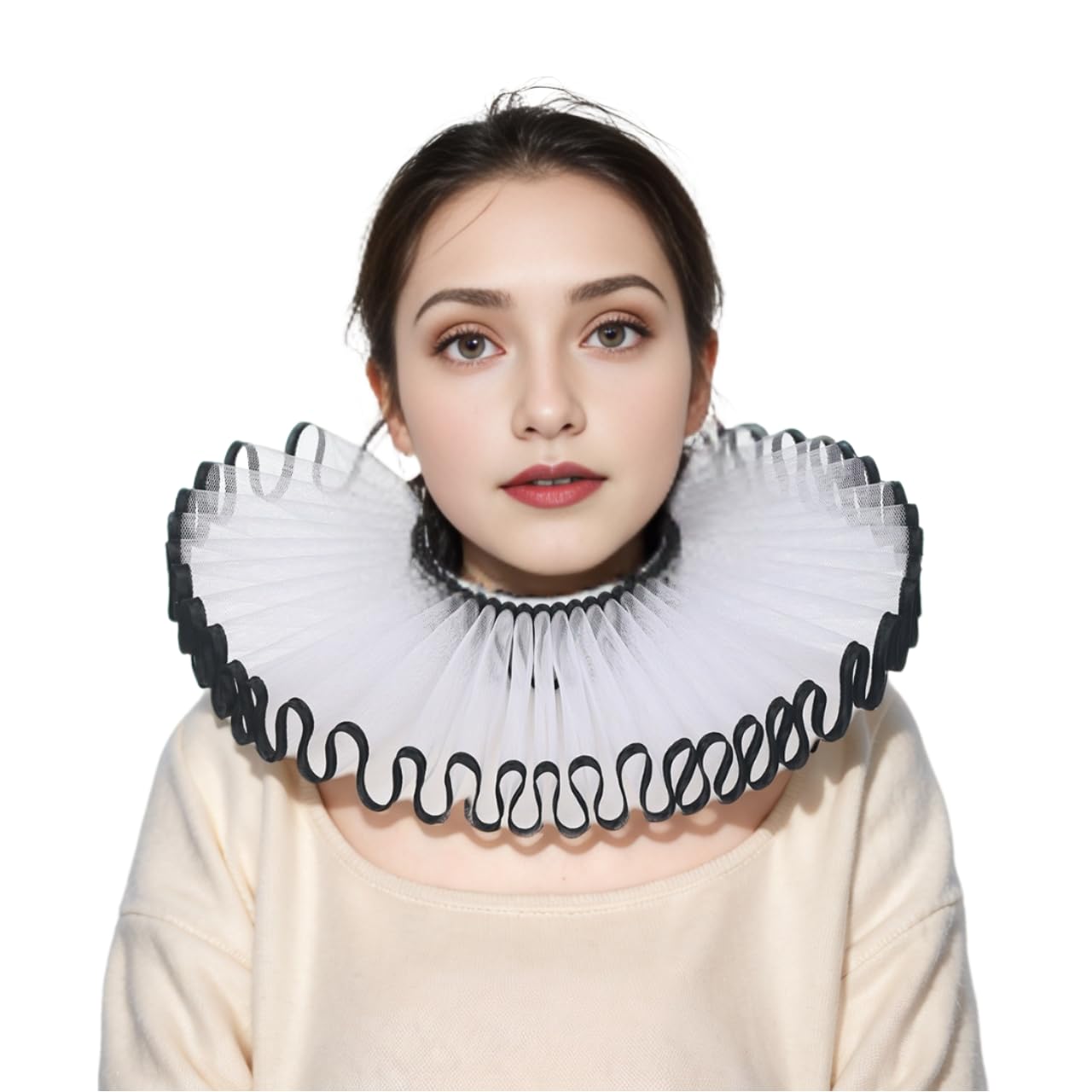 BPURB Renaissance Elisabethan Ruff Collar Neck Ruffle Collar Clown Collars, White-Black-1, One Size — image 1