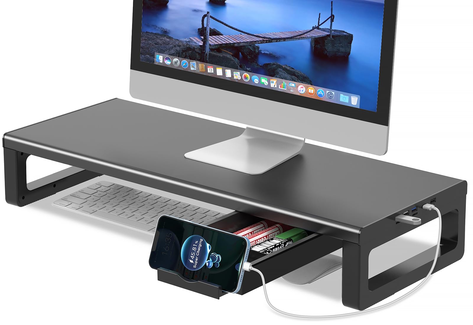 EAYHM モニター台 USB2.0/3.0データ転送付き 机上台 USB/TYPE-C充電付き ディスプレイ 台 引き出しとスマホホルダー付き パソコン 台 モニタースタンド プリンター/iMac/タブレットパソコンに適用 耐荷重25kg の商品画像