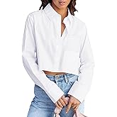 BONITEE Women Cropped Long Sleeve Button Down Shirts Spring Fall Casual Button Up Crop Blouses Sexy Lapel Tops with Pocket