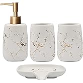4 Pcs Creative Golden White Ceramics Bathroom Accessories Set, Include Lotion Dispenser Soap Pump, Toothbrush Holder, Tumblers, Soap Dish (Ceramic White)