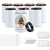 8 Packs Sublimation Can Cooler Sublimation Blanks Can 12 Oz Insulated Stainless Steel Beer Can Cooler Holder with Straw and Lid Great for Christmas Birthday DIY Gifts