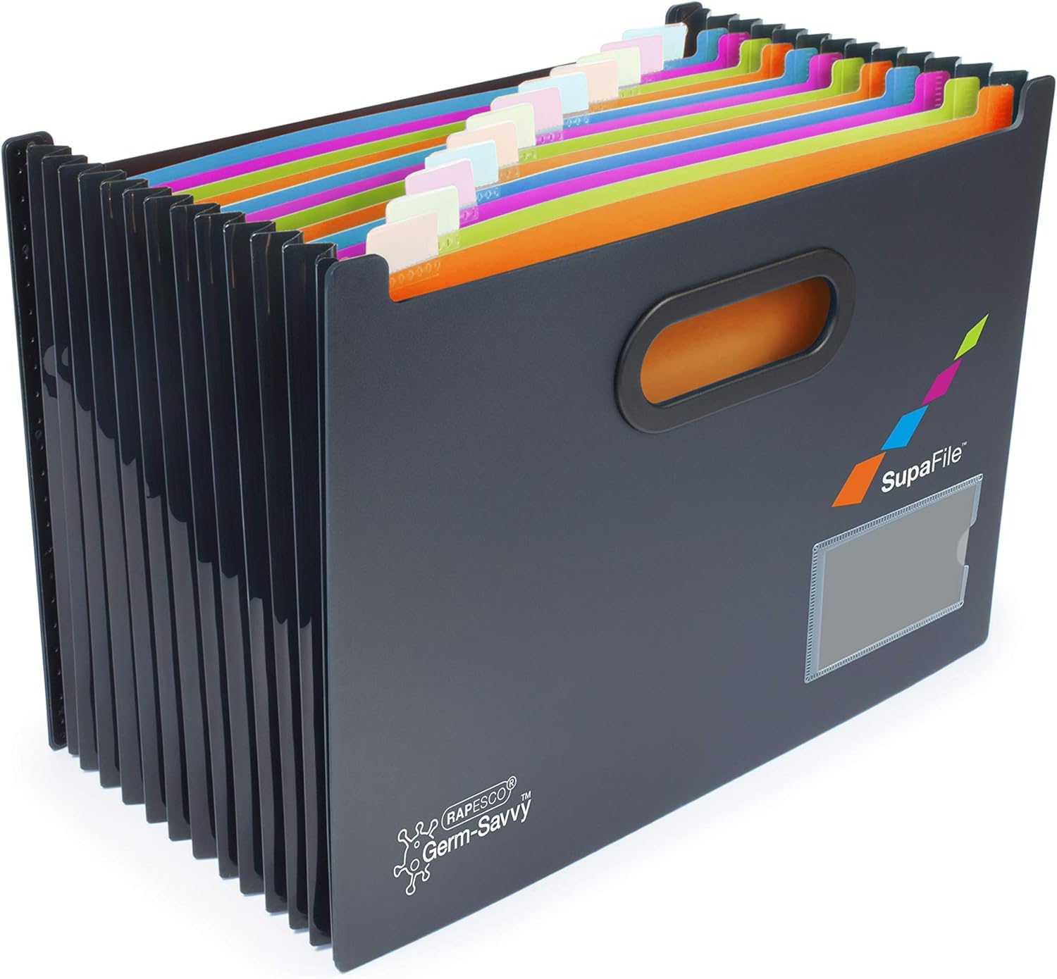 Rapesco 1489 SupaFile 13-Part Desktop Expanding File with Antibacterial Protection, A4, Black with Multi-Coloured Dividers