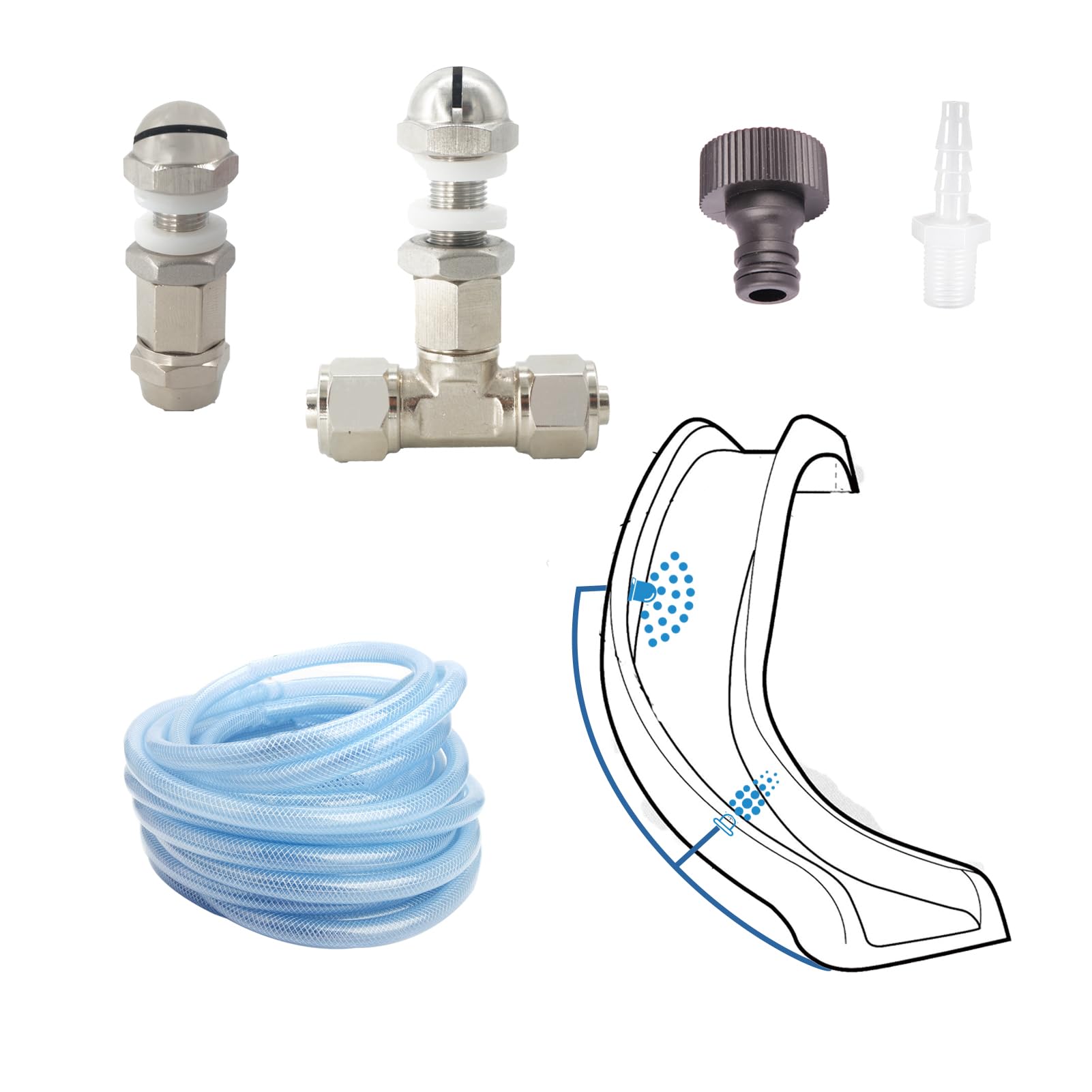 Photo 1 of Pool Slide Spray Kit, Pool Spray Kit with Hose Adaptor, Swimming Pool Slide Replacement Parts, Durable Stainless Steel Pool Spray Nozzles and Fittings,Leak-free and Easy Install Water Slide Spray kit.