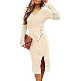 MEROKEETY Women's Winter Spring Long Sleeve Sweater Dress 2026 Fall V Neck Cable Knit Slit Bodycon Midi Dresses