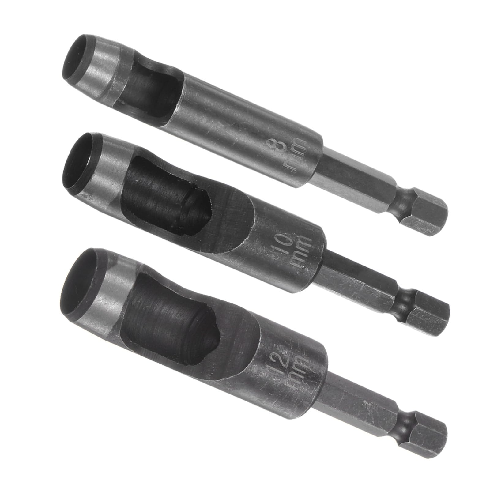 Kozelo 3pcs Leather Hole Punch Tool - [8/10/12mm x 1/4" Shank] Extension Hex Shank Drill Bit High-Carbon Steel Rotary Hollow Puncher for Fabric Leathercraft Belts Use, 156mm Length