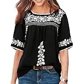 Melliflo Womens Mexican Peasant Shirt Square Neck Half Sleeve Fiesta Shirts Loose Fit Embroidered Cotton Linen Top