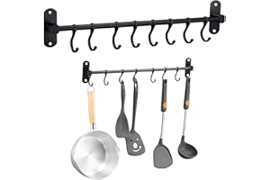 Kitchen Utensil Hanger, Wall Mounted Kitchen Rail with 8 Sliding Hooks, Heavy Duty Aluminum Hanging Utensil Holder for Pot Pa