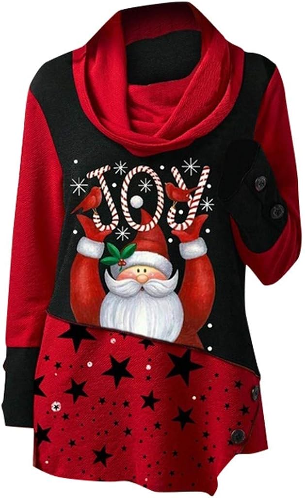 SANFASHION Noël Tee Shirt Femme Col Haut Imprimé Père Noël Étoile T